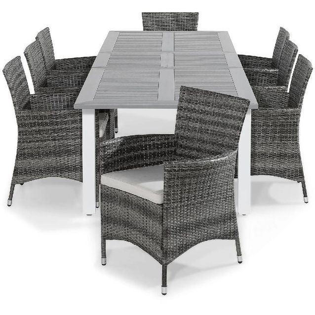 Ruokailuryhmä Monaco 8 Thor tuolia + valkoiset pehmusteet harmaa