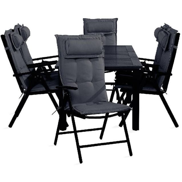 Ruokailuryhmä Monaco 6 Maggie säätötuolia + harmaat pehmusteet tyynyllä musta