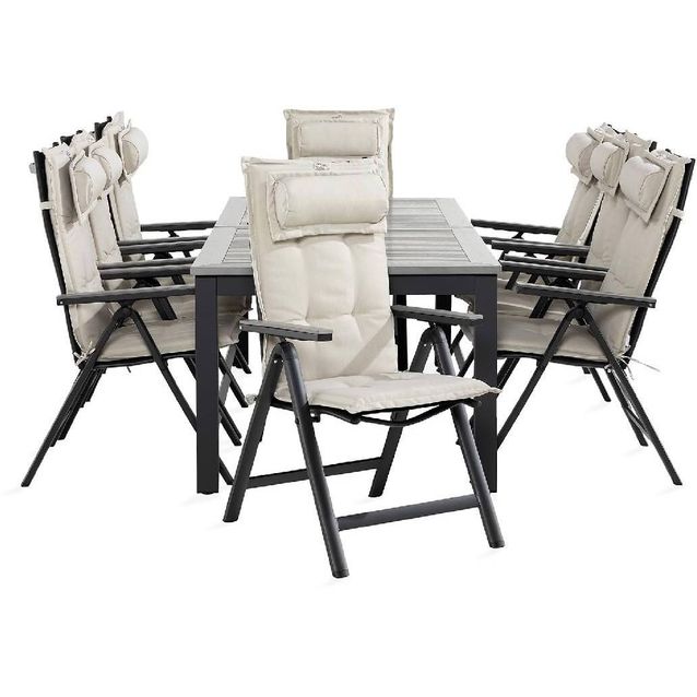 Ruokailuryhmä Monaco 8 Monaco Light tuolia + valkoiset pehmusteet tyynyllä musta