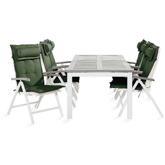 Ruokailuryhmä Monaco 220-280 6 säätötuolia + vihreät pehmusteet tyynyllä valkoinen