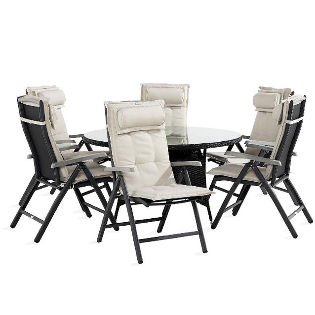 Ruokailuryhmä Thor 6 Monaco säätötuolia + valkoiset pehmusteet musta