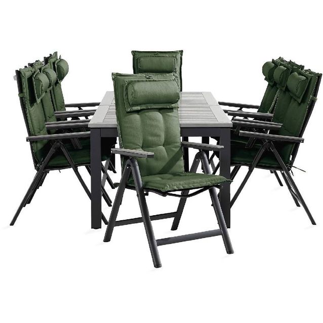 Ruokailuryhmä Monaco 8 Monaco Light tuolia + vihreät pehmusteet tyynyllä musta