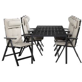 Ruokailuryhmä Tunis 6 Monaco Light tuolia + valkoiset pehmusteet tyynyllä musta