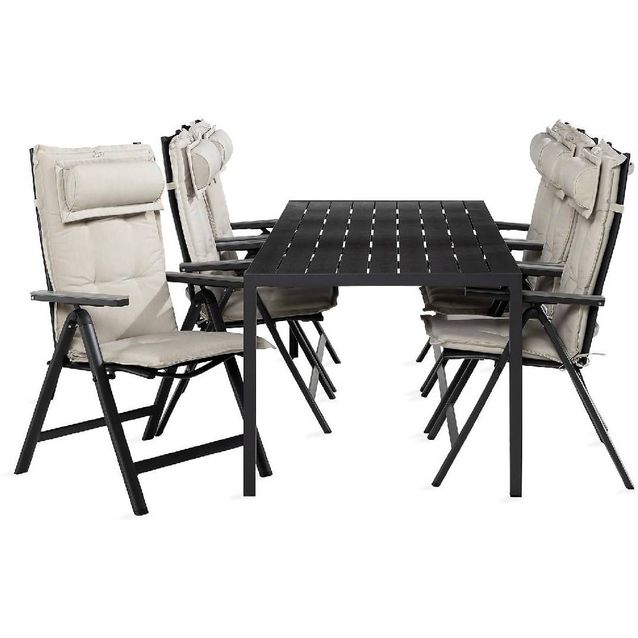 Ruokailuryhmä Tunis 6 Monaco Light tuolia + valkoiset pehmusteet tyynyllä musta