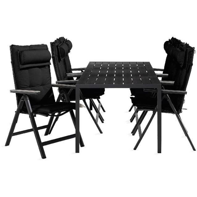 Ruokailuryhmä Tunis 6 Monaco Light tuolia + tummanharmaat pehmusteet tyynyllä musta