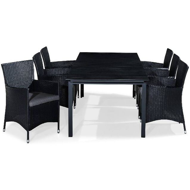 Ruokailuryhmä Tunis 6 Thor nojatuolia + harmaat pehmusteet musta