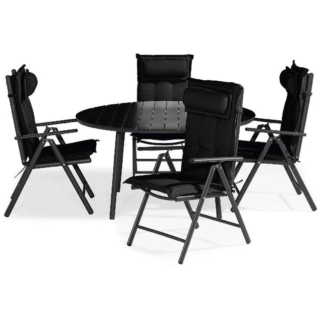 Ruokailuryhmä Tunis pyöreä 4 Maggie tuolia + mustat pehmusteet tyynyllä musta