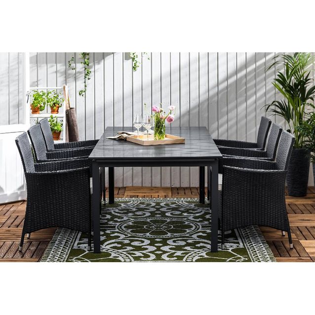 Ruokailuryhmä Tunis 6 Thor nojatuolia + valkoiset pehmusteet musta