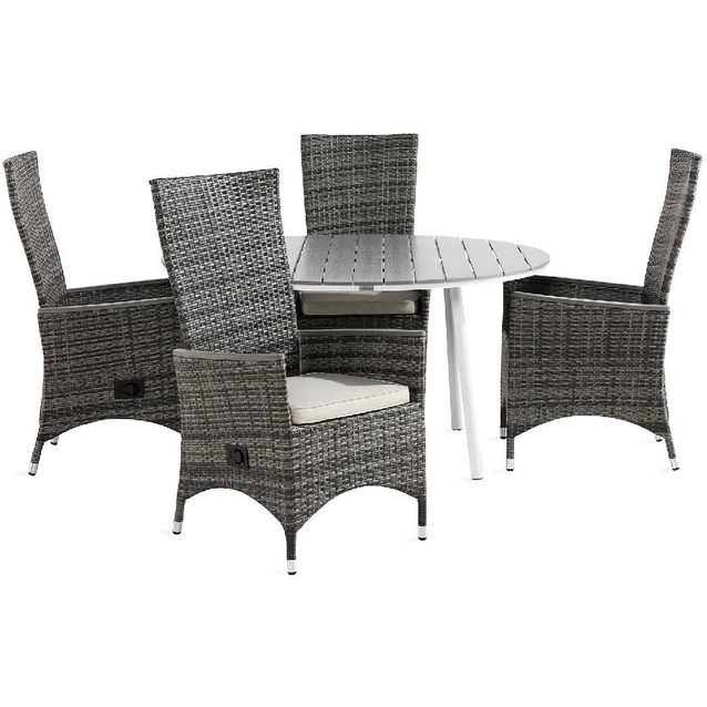 Ruokailuryhmä Tunis 4 Jenny tuolia + valkoiset pehmusteet harmaa