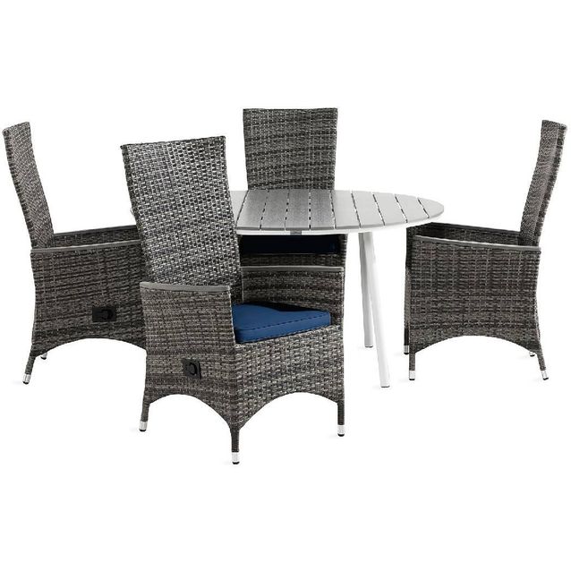 Ruokailuryhmä Tunis 4 Jenny tuolia + siniset pehmusteet harmaa