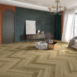 Kivikomposiittikalanruotovinyylilankku DomusFlooring Loihi luonnontammi, integroitu askeläänieriste