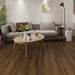 Kivikomposiittivinyylilankku DomusFlooring Pellervon pähkinä, integroitu askeläänieriste