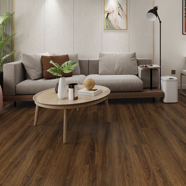 Kivikomposiittivinyylilankku DomusFlooring Pellervon pähkinä, integroitu askeläänieriste