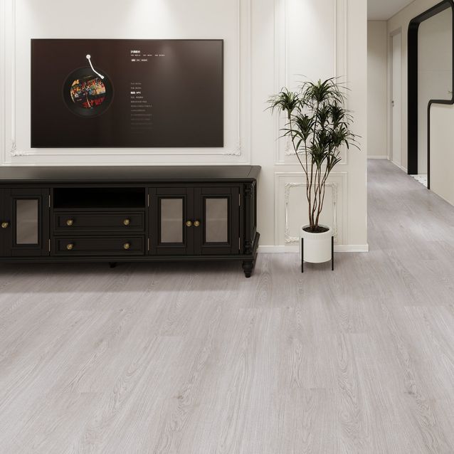 Kivikomposiittivinyylilankku DomusFlooring Tuulikin tuhkatammi, integroitu askeläänieriste