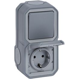 Pistorasia-vaihtokytkinyhdistelmä Legrand Plexo 16 A / 10 AX IP55 pinta, harmaa