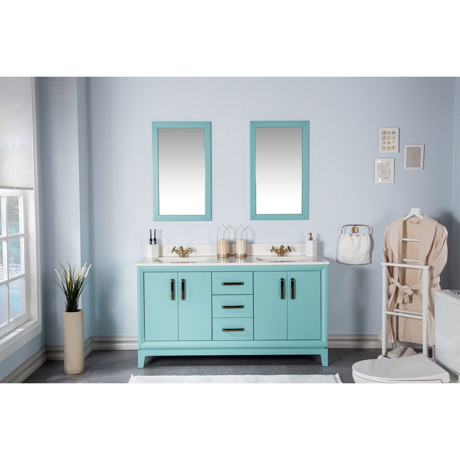 Kylpyhuoneryhmä Linento Bathroom Michigan 60 Turquoise kaksi allasta ja peiliä