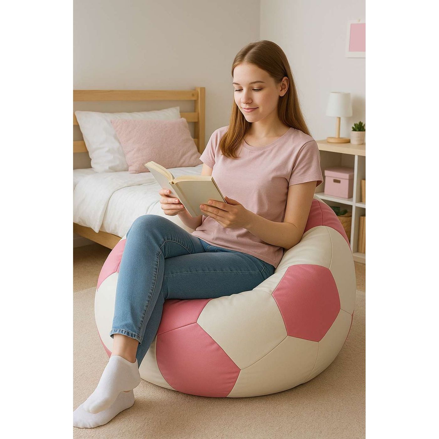 Säkkituoli Linento Furniture Football Big, valkoinen/vaaleanpunainen