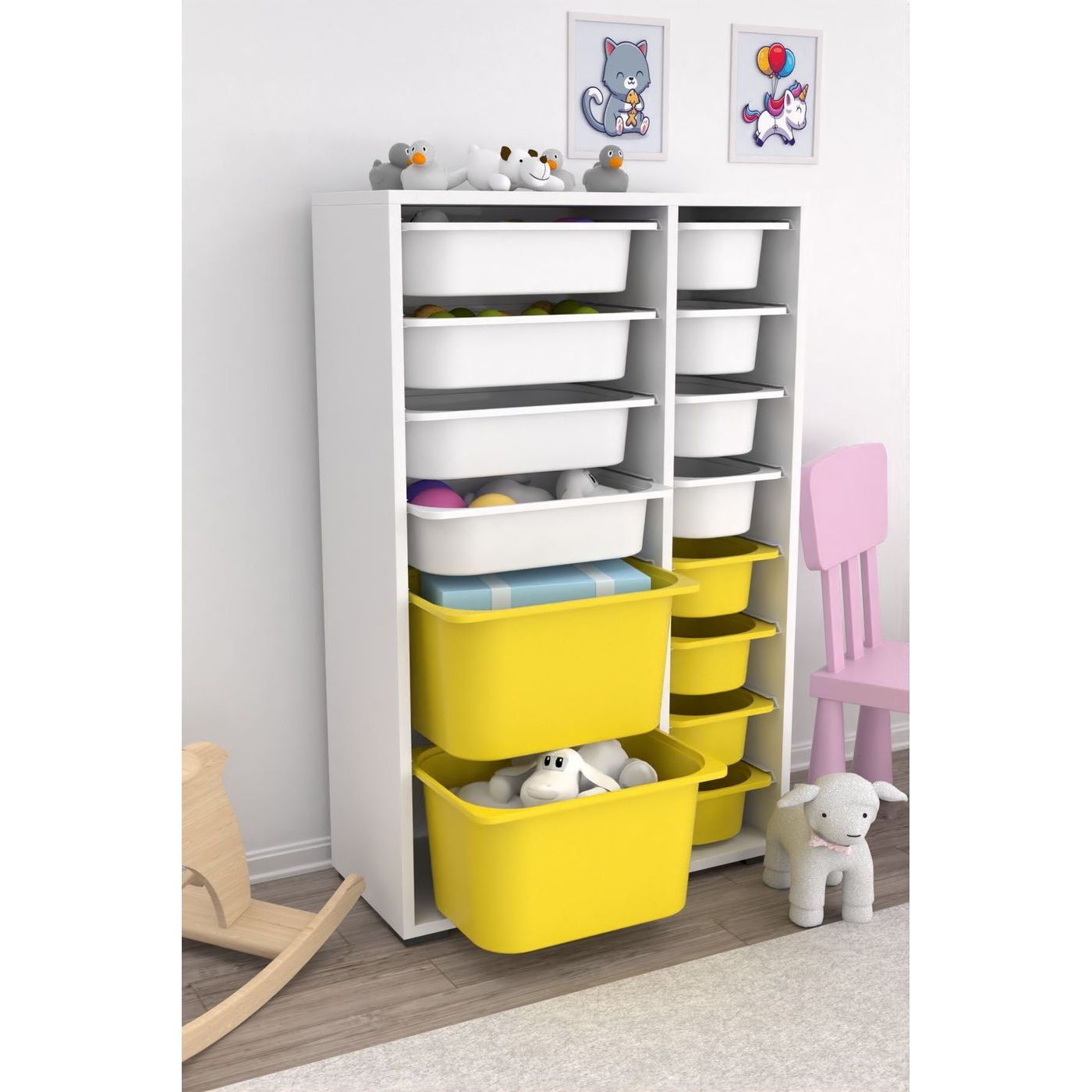 Lastenhuoneen laatikosto Linento Furniture Rine, 69.5x109cm, valkoinen/keltainen