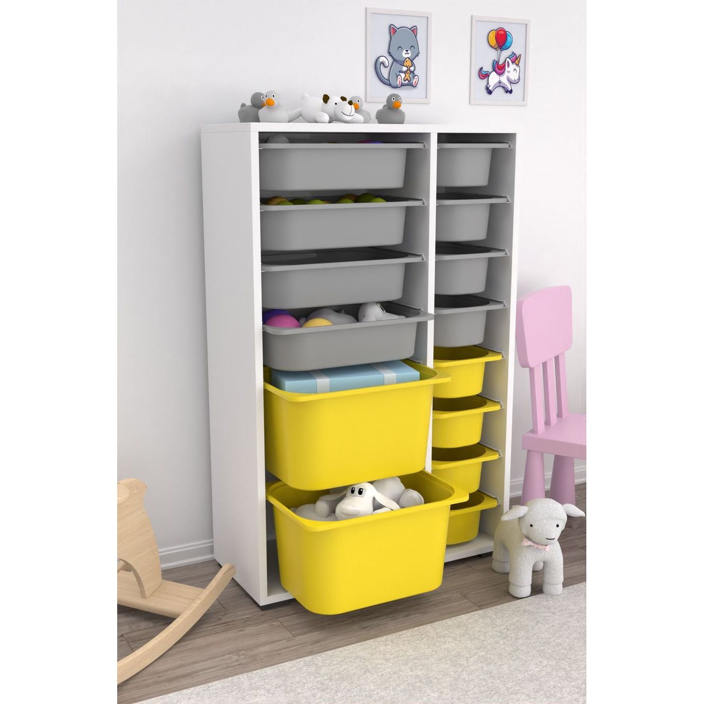Lastenhuoneen laatikosto Linento Furniture Rine, 69.5x109cm, harmaa/keltainen