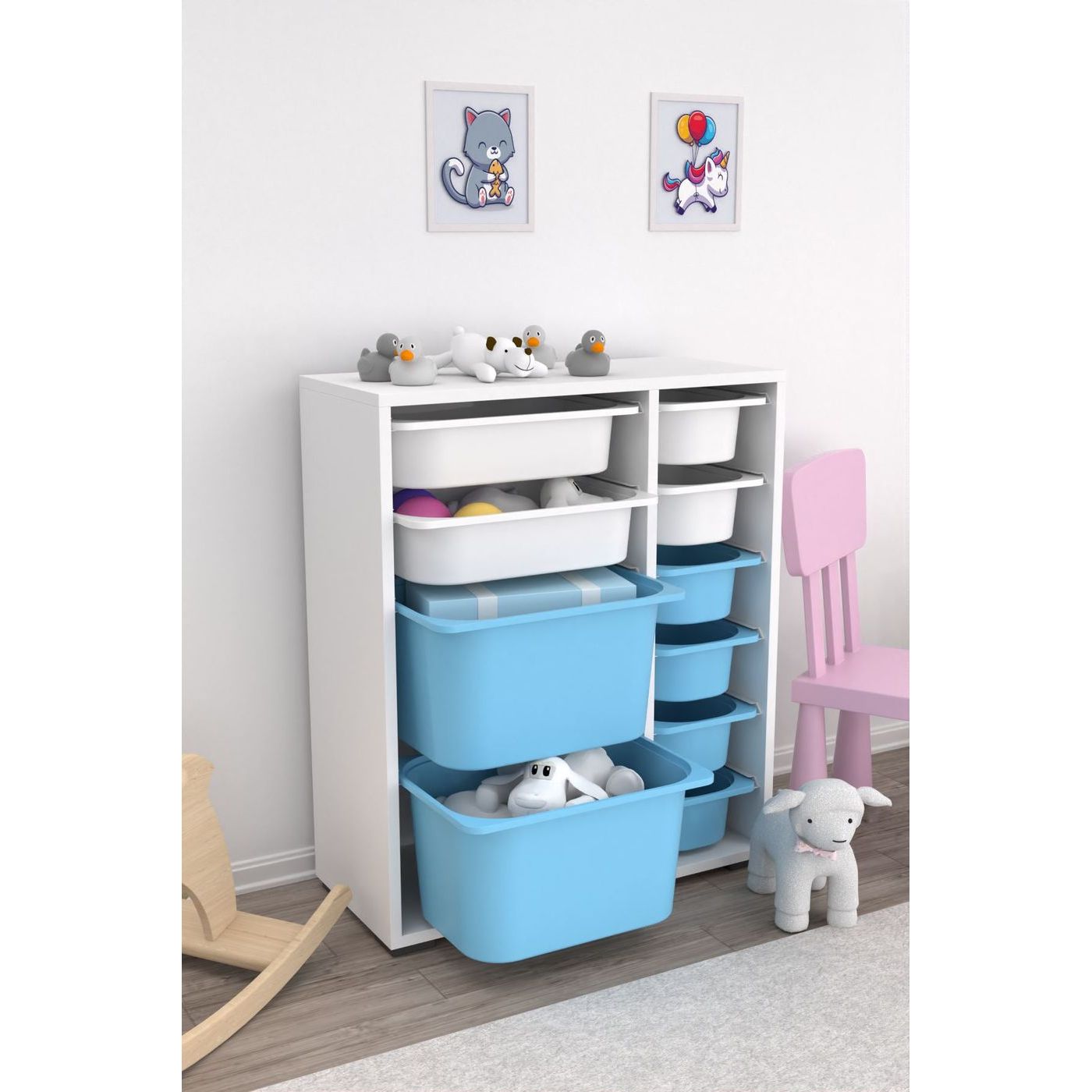 Lastenhuoneen laatikosto Linento Furniture Zen, valkoinen/sininen