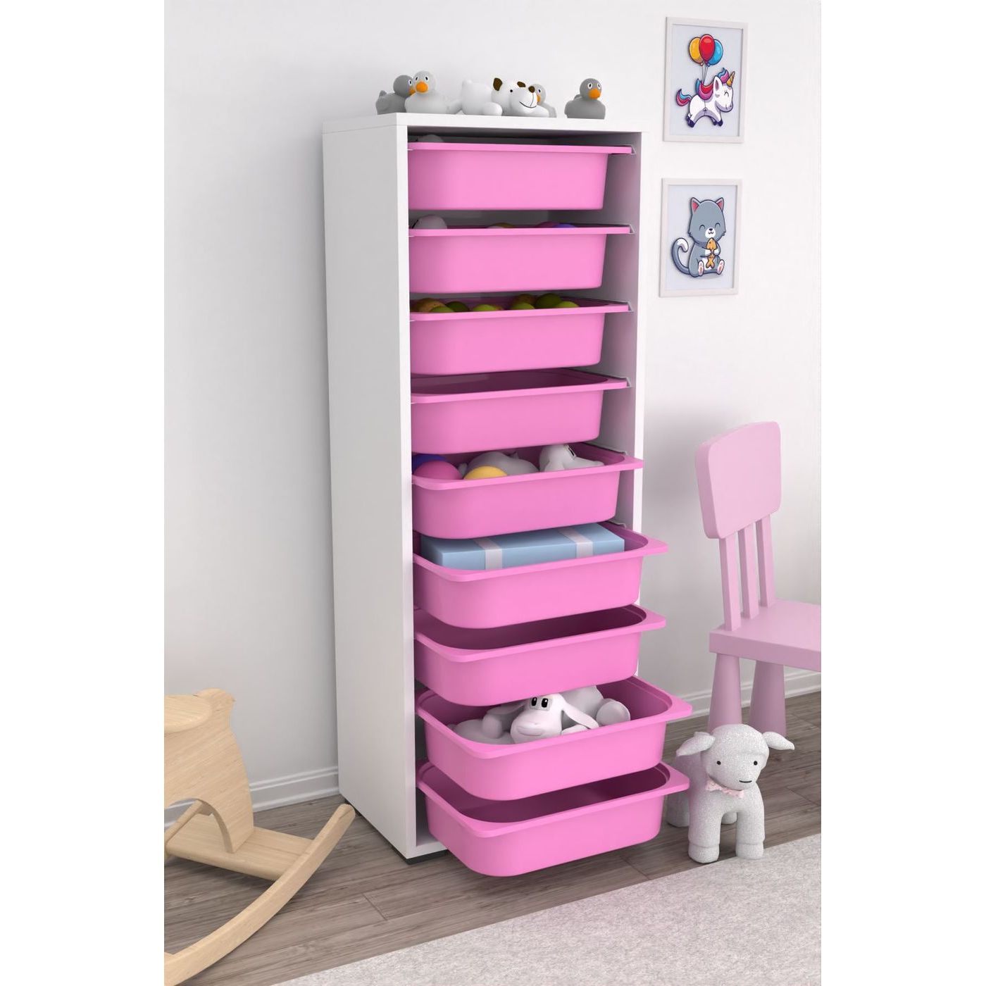 Lastenhuoneen laatikosto Linento Furniture Zola 9N, valkoinen/pinkki