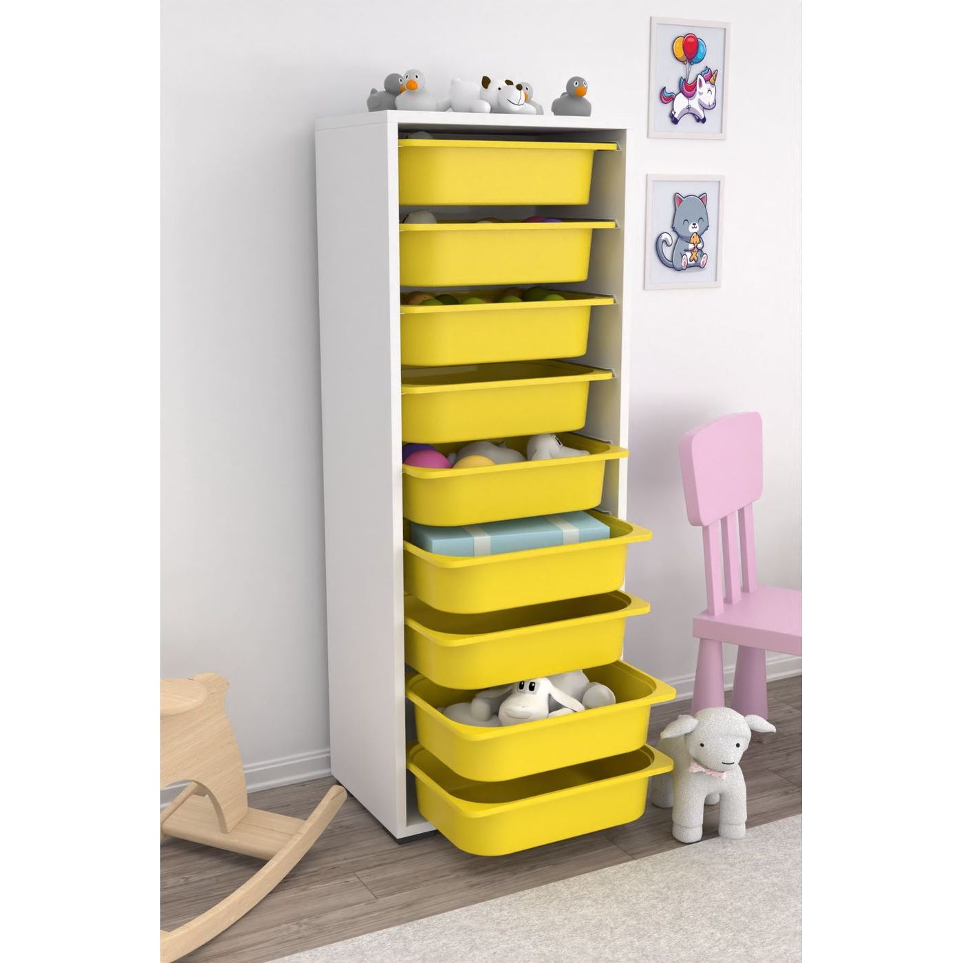 Lastenhuoneen laatikosto Linento Furniture Zola 9N, valkoinen/keltainen