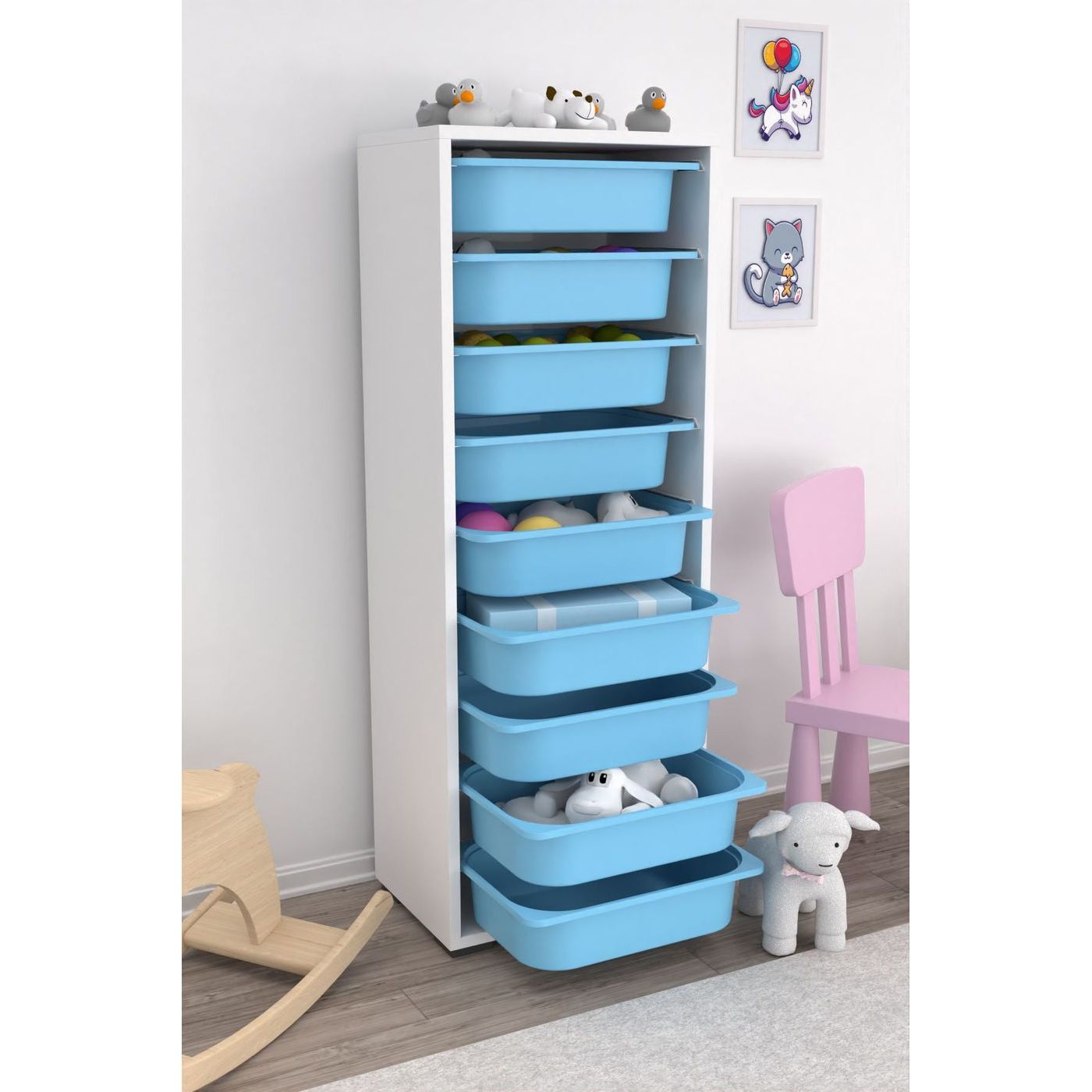 Lastenhuoneen laatikosto Linento Furniture Zola 9N, valkoinen/sininen