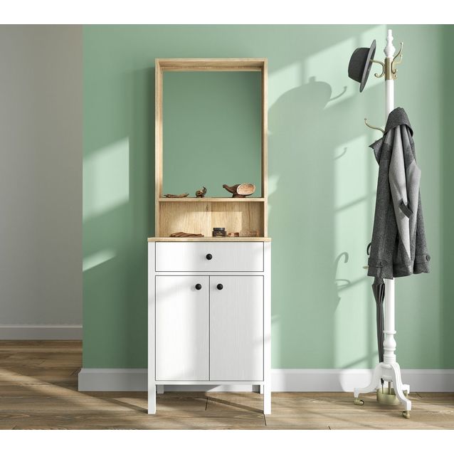 Eteisen kenkä-/asustekaappi peilillä Linento Furniture, valkoinen/ruskea