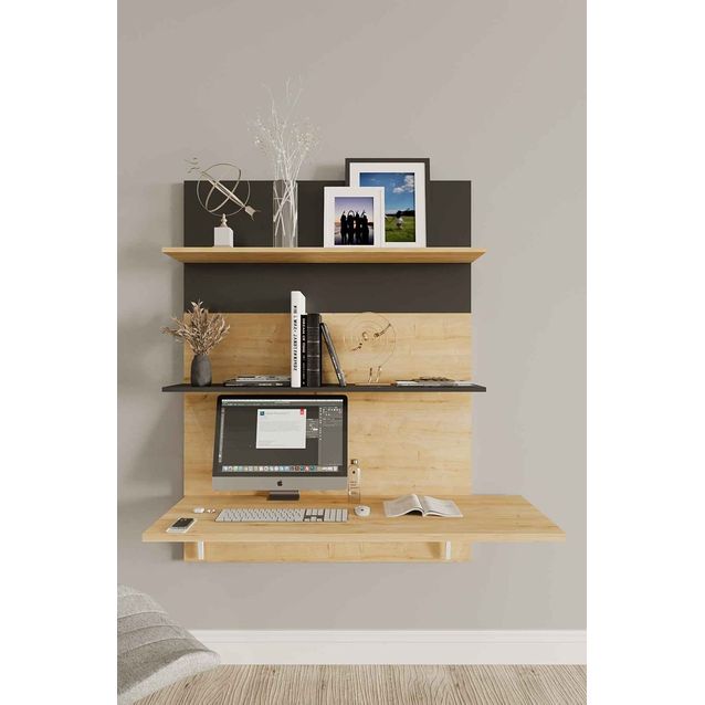 Seinälle kiinnitettävä työpöytä Linento Furniture Pooh, ruskea/musta