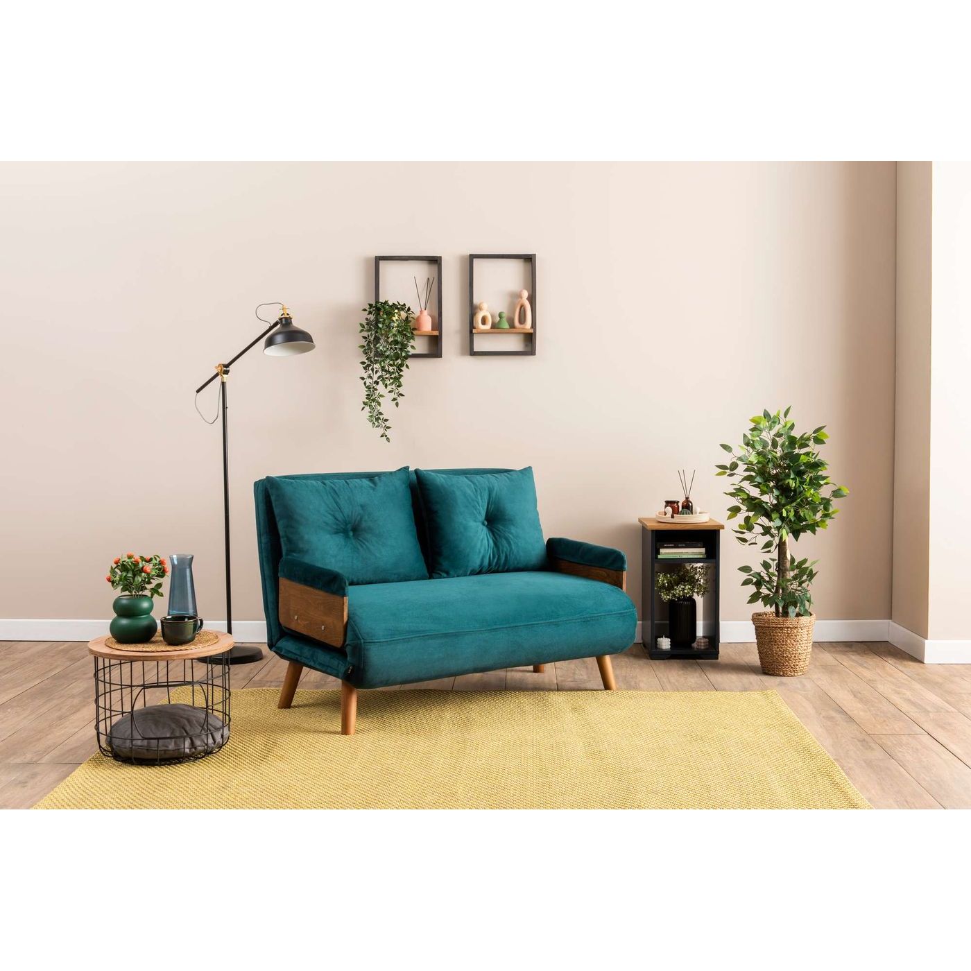 Vuodesohva Linento Furniture Cosmo, 2-istuttava, leveys 120cm, petrolinvihreä