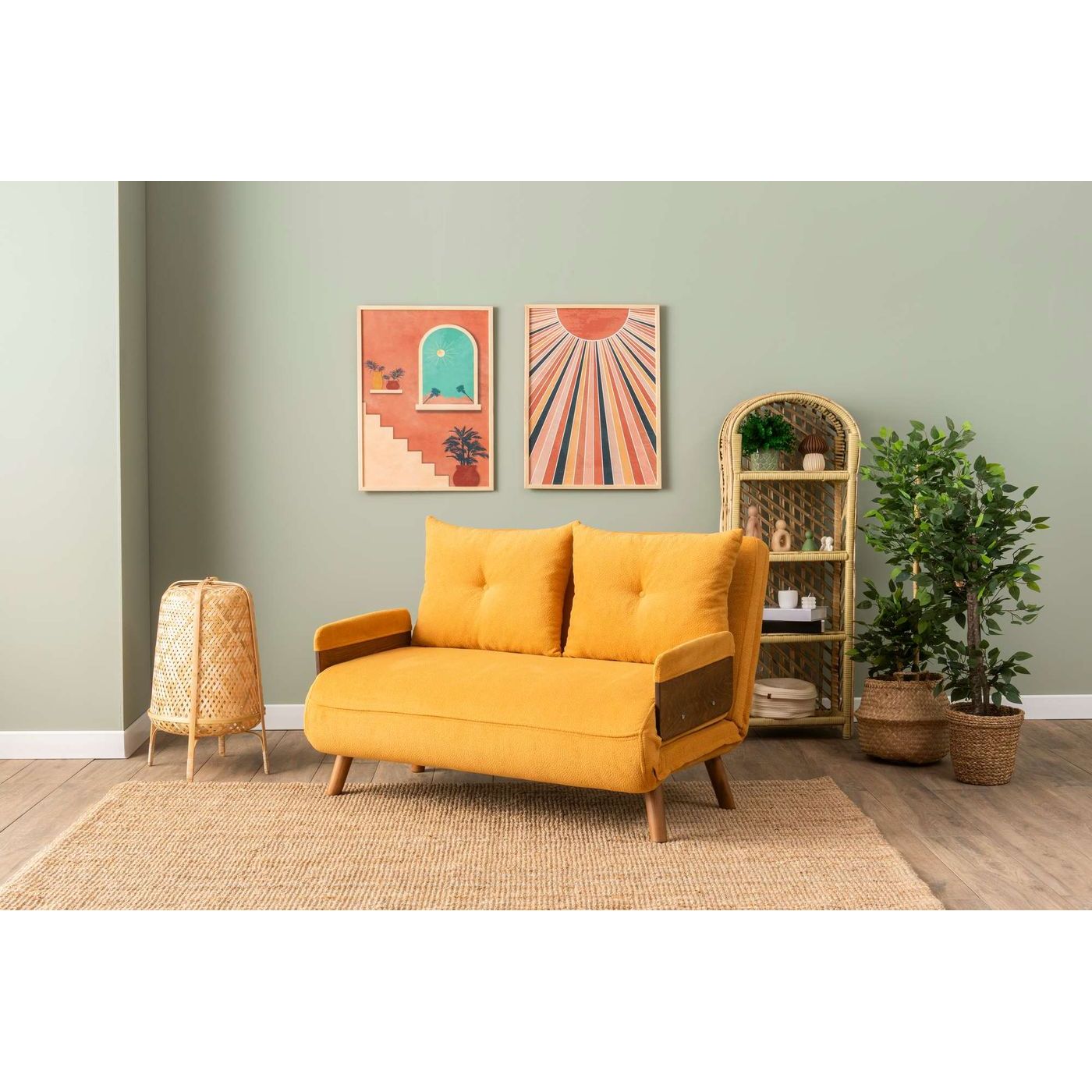 Vuodesohva Linento Furniture Cosmo, 2-istuttava, leveys 120cm, sinapinkeltainen