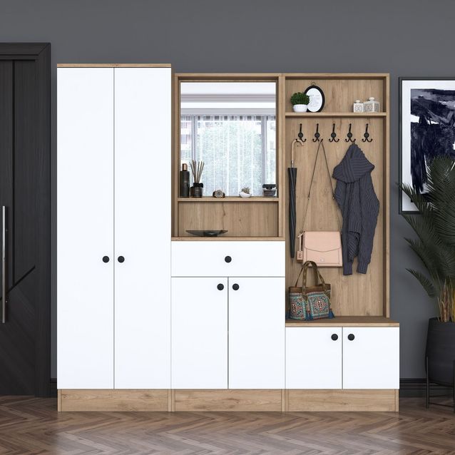 Säilytyskokonaisuus eteiseen Linento Furniture P6-M2-2257G, leveys 179.4cm, valkoinen/ruskea