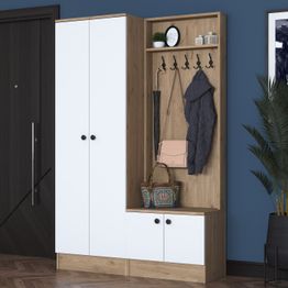 Säilytyskokonaisuus eteiseen Linento Furniture P6-M3-2490, leveys 119.6cm, valkoinen/ruskea