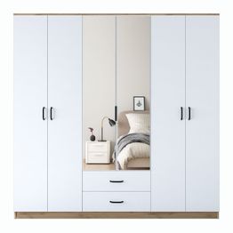 Vaatekaappi peiliovilla Linento Furniture BA130-3049, leveys 210cm, valkoinen/ruskea