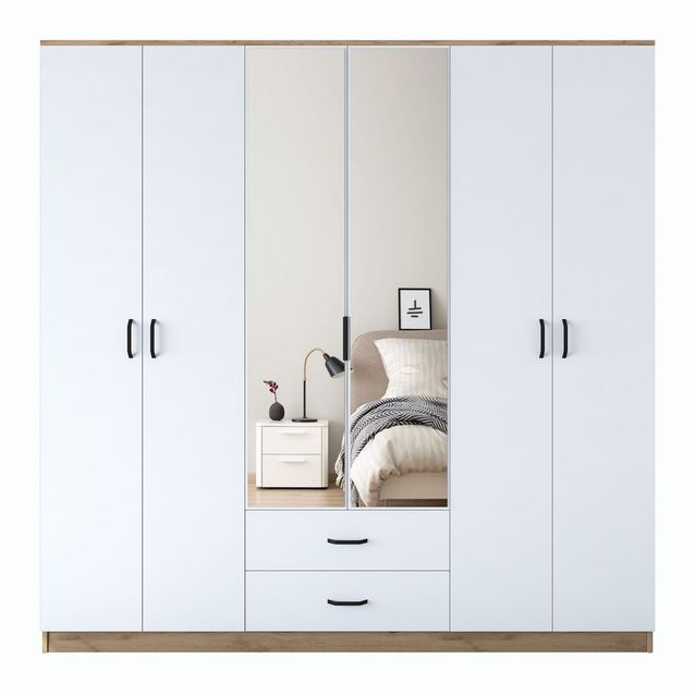 Vaatekaappi peiliovilla Linento Furniture BA130-3049, leveys 210cm, valkoinen/ruskea