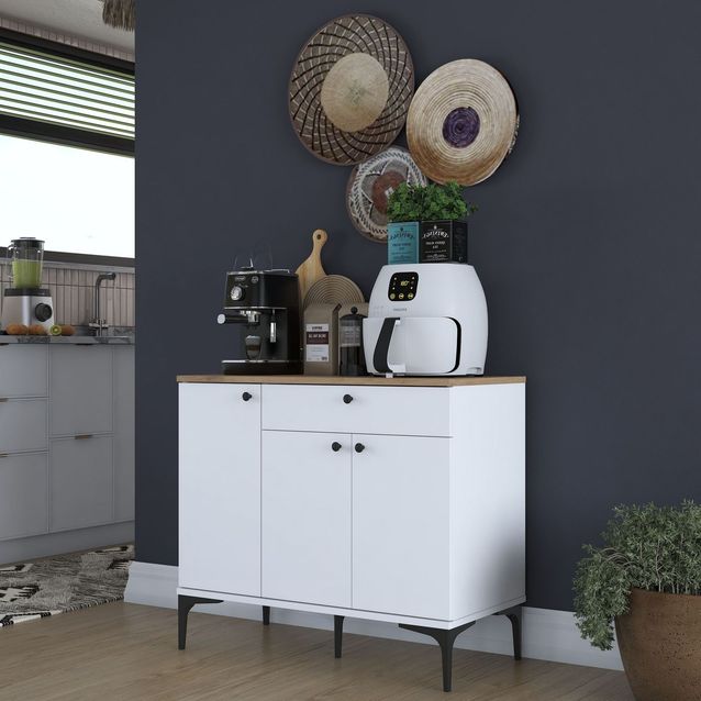 Aamiaiskaappi/kahvipiste Linento Furniture JE194, valkoinen/pähkinänruskea