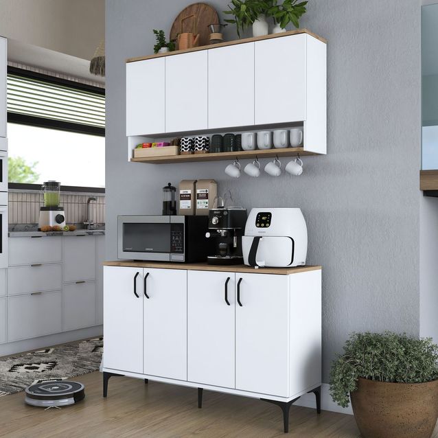 Aamiaiskaappi/kahvipiste Linento Furniture JE204, valkoinen/pähkinänruskea