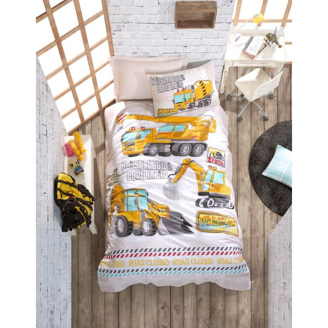 Vuodevaatesetti Linento Työkoneet, keltainen/valkoinen