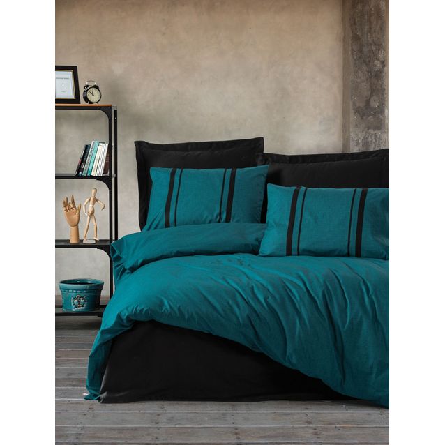 Parivuoteen vuodevaatesetti Linento Bitter, petroolinsininen/musta