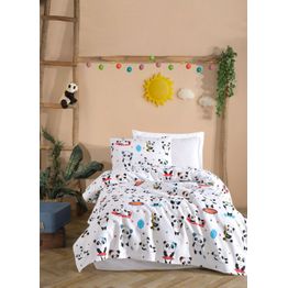 Päiväpeitto + tyynyliina Linento LovePandas, 160x230cm + 50x70cm, puuvilla, valkoinen