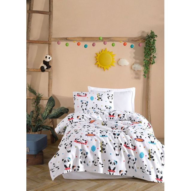 Päiväpeitto + tyynyliina Linento LovePandas, 160x230cm + 50x70cm, puuvilla, valkoinen