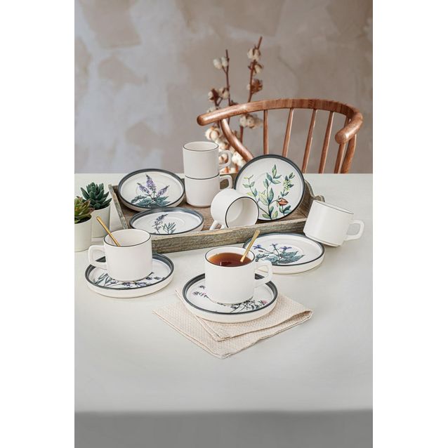 Kahviastiasto Linento Colette, 12 osaa, valkoinen/monivärinen