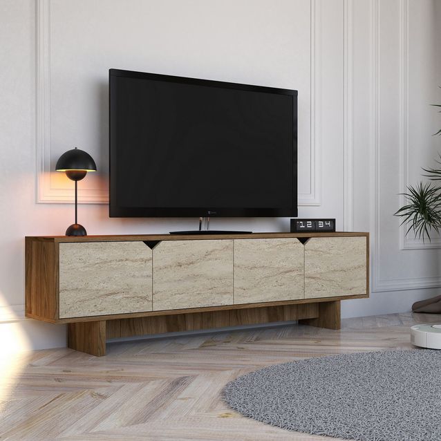 TV-taso Linento Furniture Istemi, leveys 180cm, travertiinikuosi/pähkinä