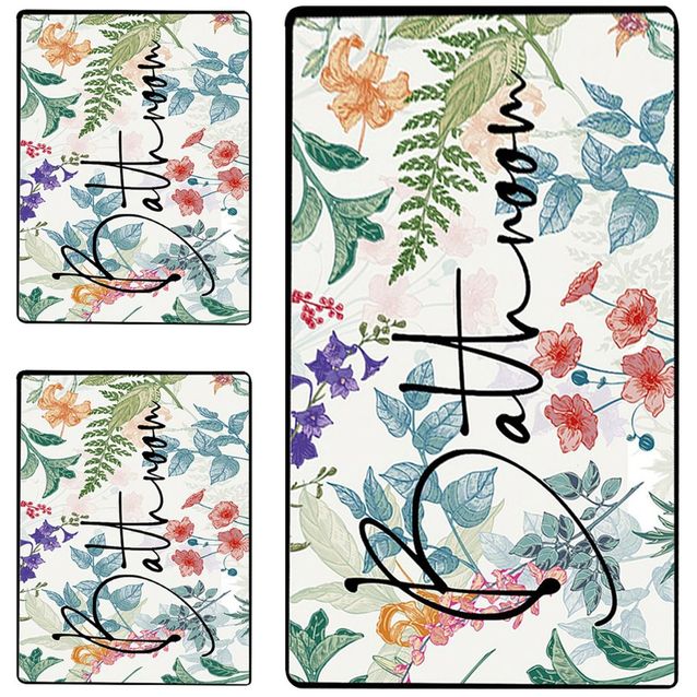 Kylpyhuonemattosetti Linento Green In Flower, 3kpl, valkoinen