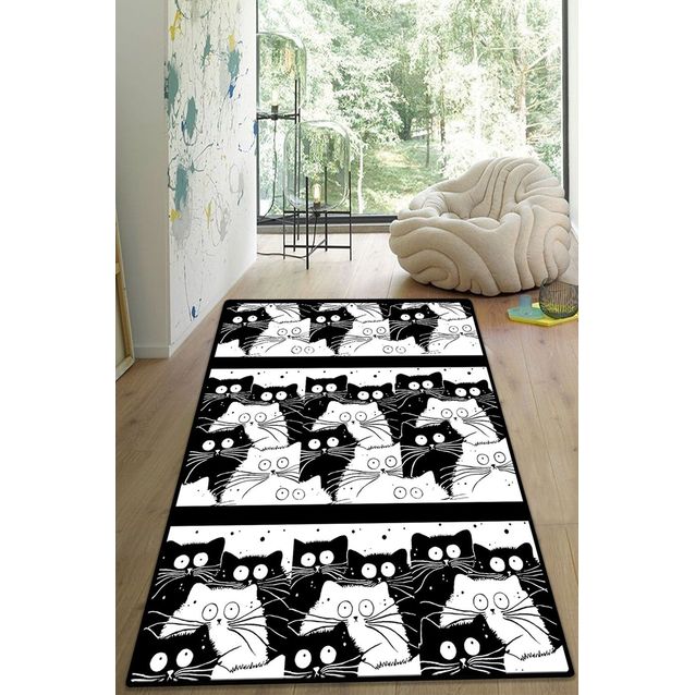 Lastenhuoneen matto Linento White Cats 2, 80x150cm, mustavalkoinen