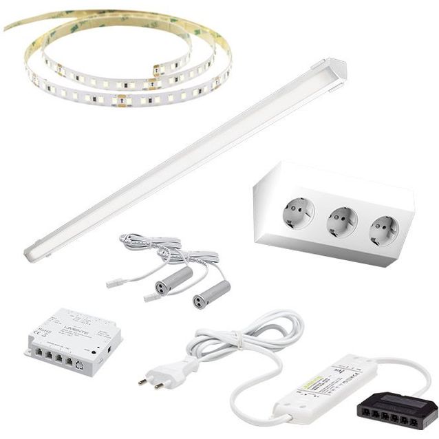 LED-valaisinsetti aamiaiskaappiin Limente ovitunnistin virtalähde pistorasia 2m IP20 24V, eri vaihtoehtoja