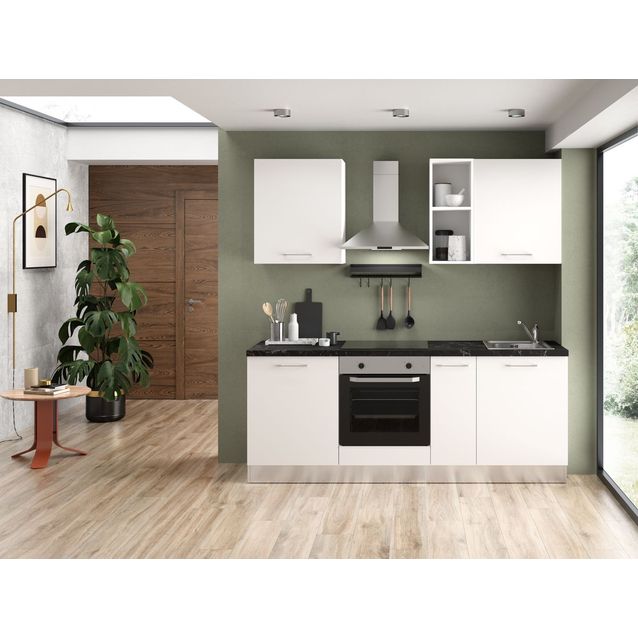 Valmiskeittiö Mimo Furniture Elsa 210 ilman kodinkoneita, valkoinen/marmoriefekti