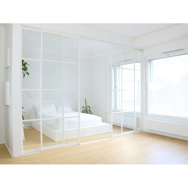 Tilanjakaja/liukuovi Mirror Line, neljällä ovella, valkoinen, korkea malli, mittatilaus