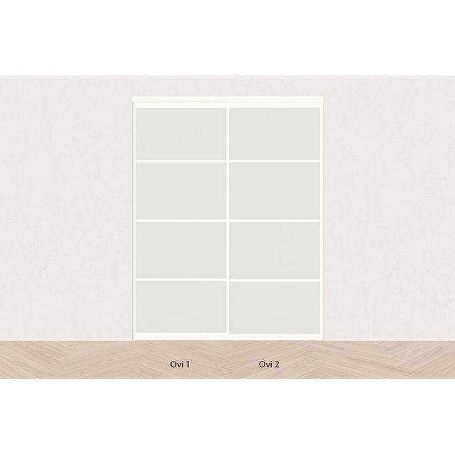 Tilanjakaja/liukuovi Mirror Line opaalilasi, kahdella ovella, valkoinen, korkea malli, mittatilaus