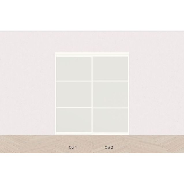 Tilanjakaja/liukuovi Mirror Line opaalilasi, kahdella ovella, valkoinen, matala malli, mittatilaus